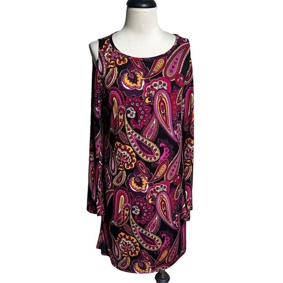 Trina Turk Retro 70's Trumpet Sleeve Paisley Cold Shoulder Mini Dress  Size M - Picture 1 of 5